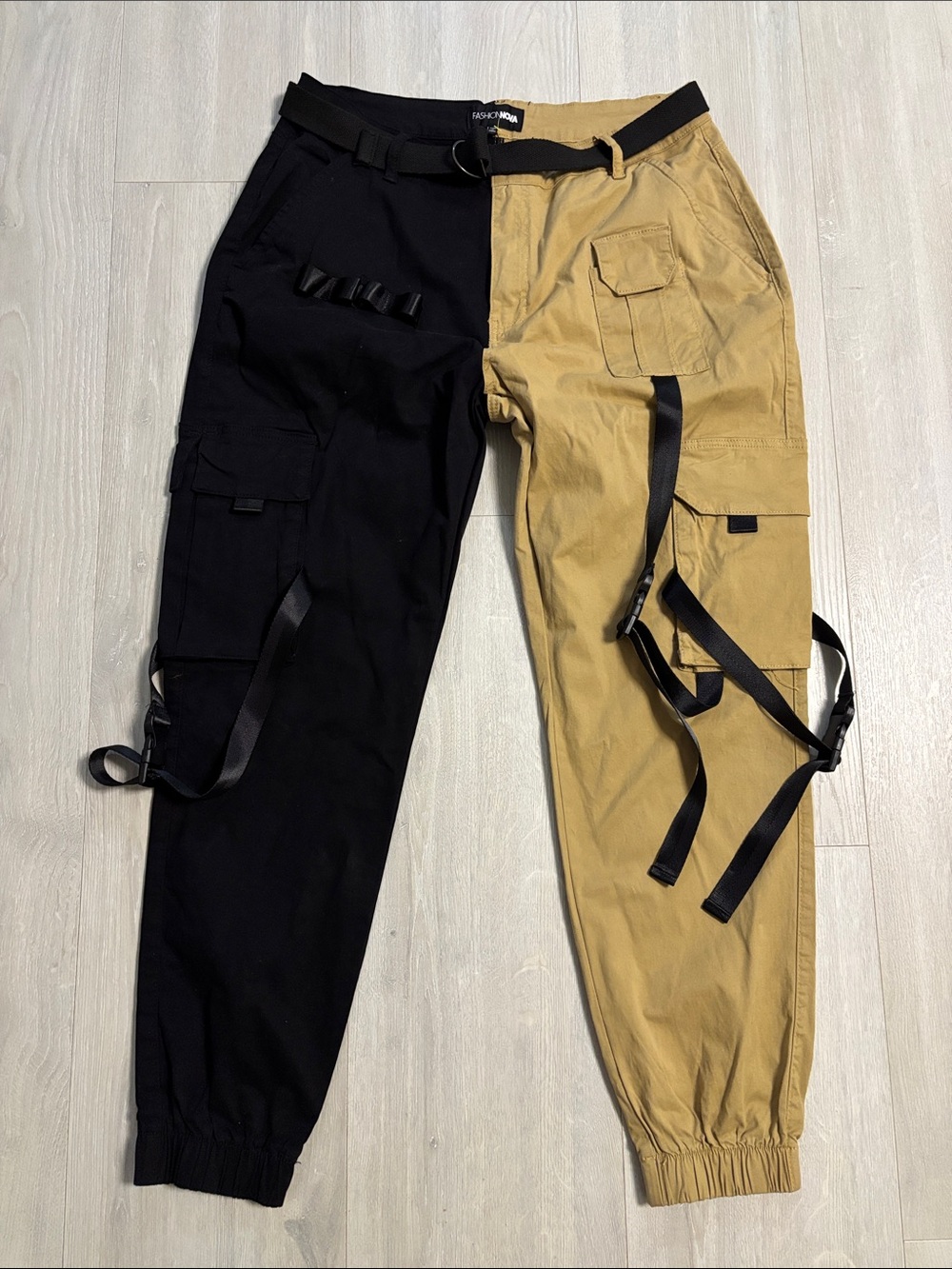 🔥BUNDLESALE Mens 1X Fashion Nova Black & Tan Two-Tone On Command Cargo Pants NWT